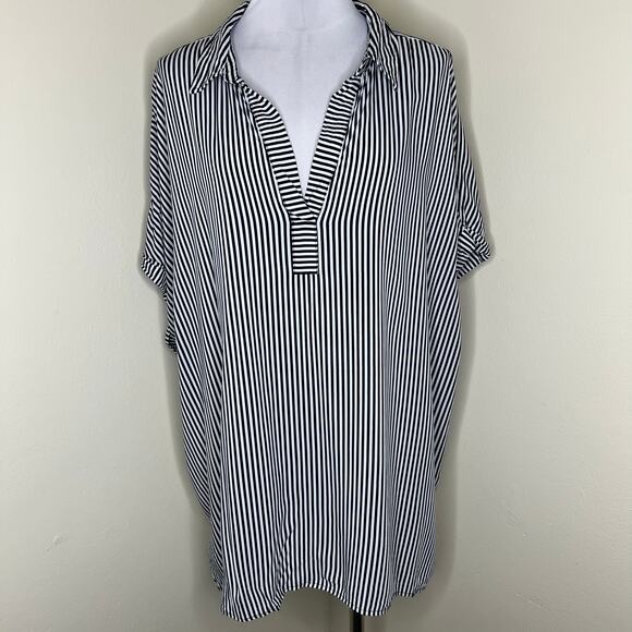 Jane and Delancey Top 3X Plus Black White Striped V-Neck Collared Casual Work - Picture 2 of 9